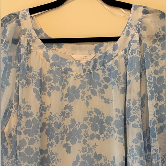 EUC LC Lauren Conrad Blue and White Asymmetrical Long Sleeve Blouse - Picture 2 of 8